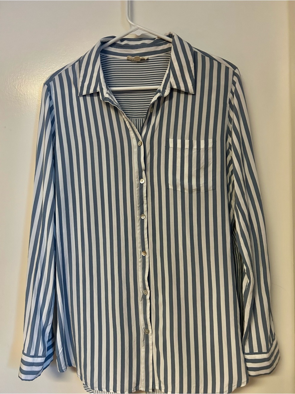Women’s Blue and White Vertical Soft Stripe Button-Up Shirt
